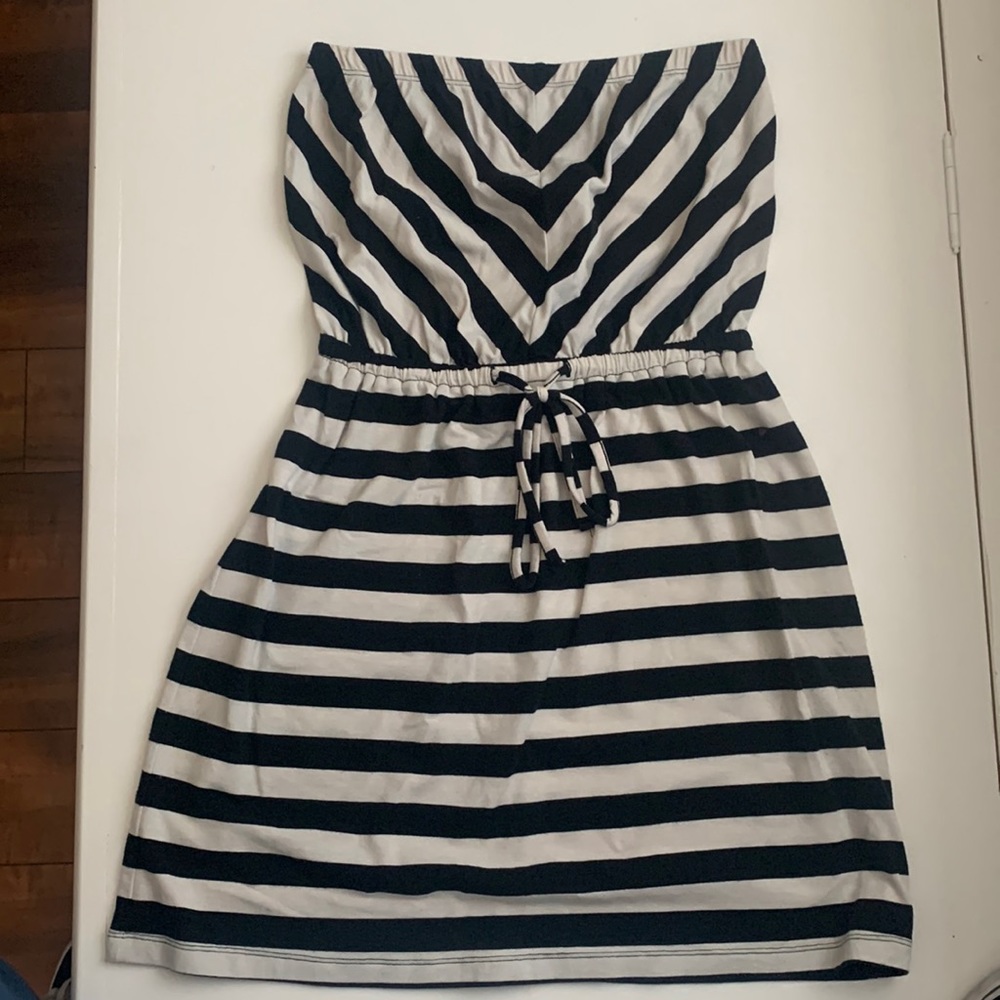 Black and white striped strapless dress